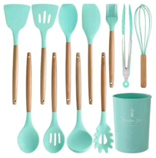 Set de 12 Utensilios de Cocina Mango de Madera Punta de Silicona — Grande